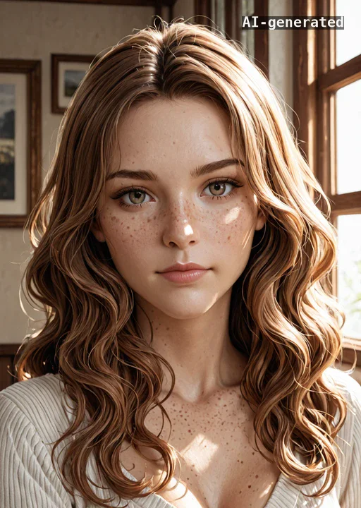 Original still portrait of a woman with freckles and wavy hair