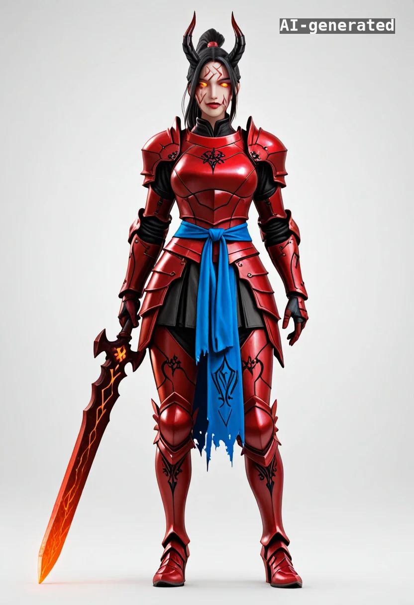 Concept art: demon knight in crimson armour with a lava greatsword